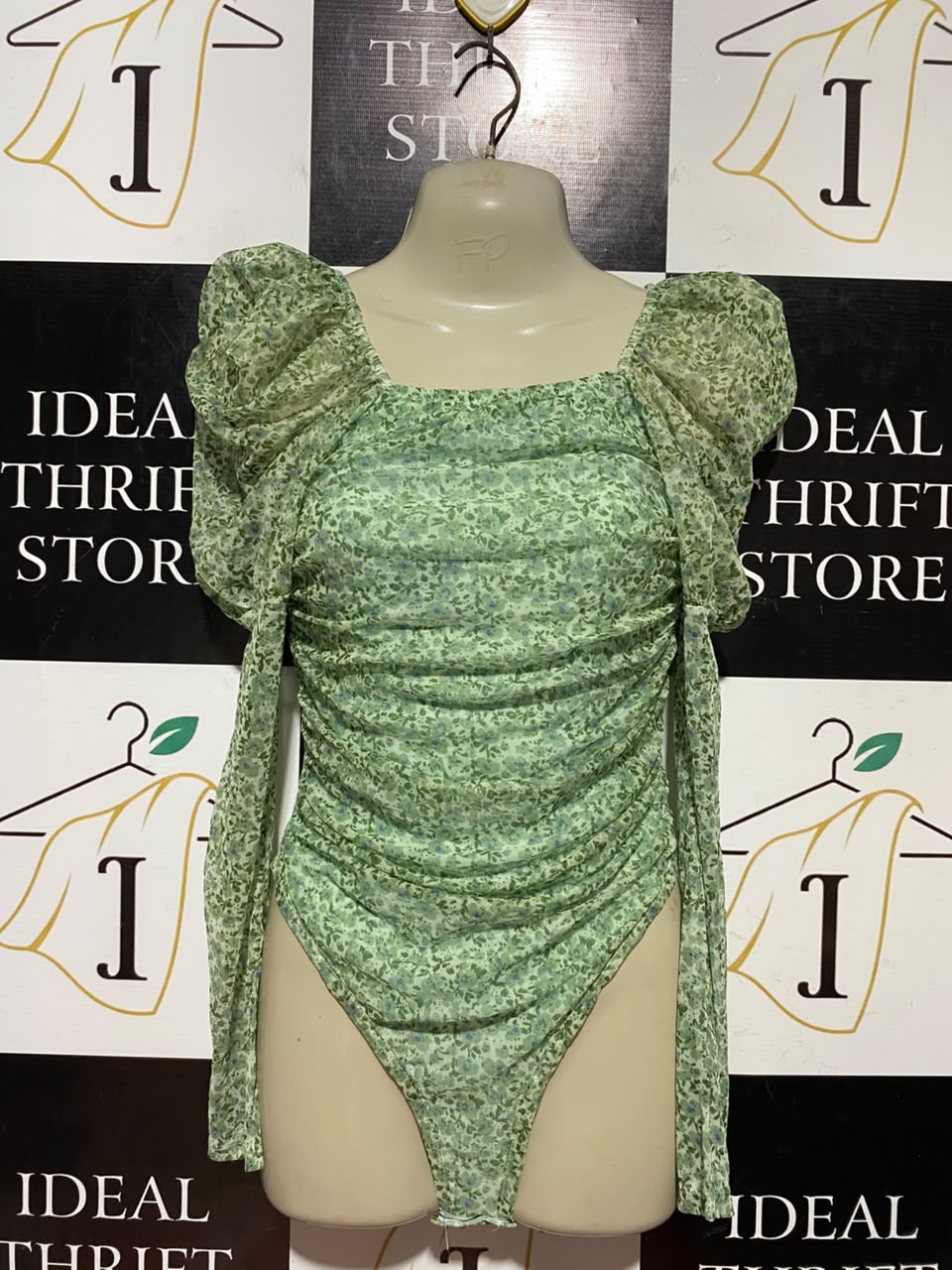 REBELLIOUS |S| BUST 15| B45| GREEN FLORAL PRINT PUFF SLEEVE RUCHED BODYSUIT