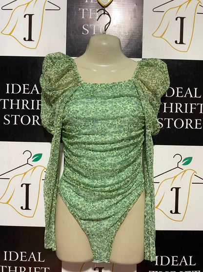 REBELLIOUS |S| BUST 15| B45| GREEN FLORAL PRINT PUFF SLEEVE RUCHED BODYSUIT