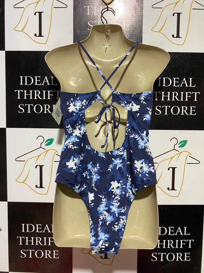 ROXY |S| BUST 15| B45| NAVY BLUE FLORAL PRINT ONE-PIECE SWIMSUIT WITH COWL NECK