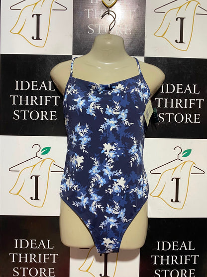 ROXY |S| BUST 15| B45| NAVY BLUE FLORAL PRINT ONE-PIECE SWIMSUIT WITH COWL NECK
