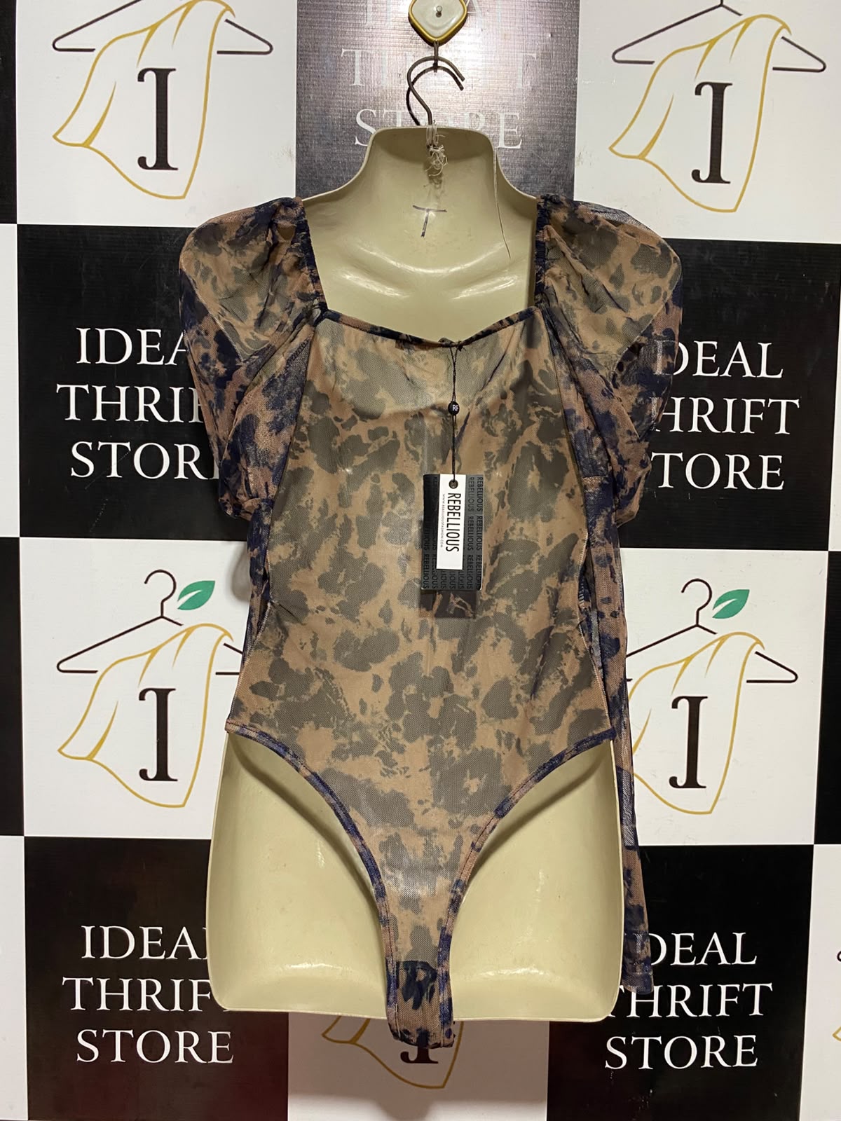 REBELLIOUS |S| BUST 16| B45| BROWN AND BLACK TIE-DYE PUFF SLEEVE RUCHED BODYSUIT