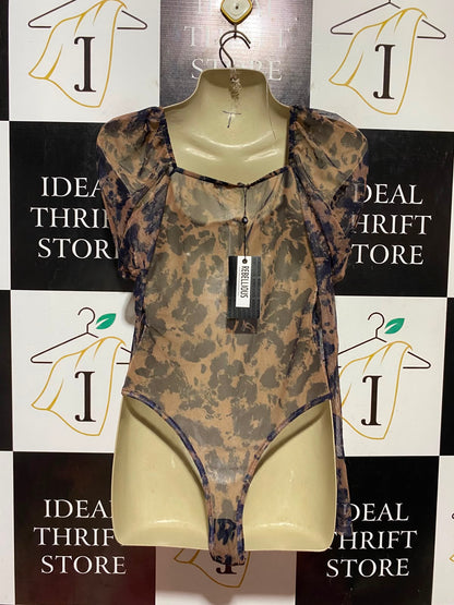 REBELLIOUS |S| BUST 16| B45| BROWN AND BLACK TIE-DYE PUFF SLEEVE RUCHED BODYSUIT