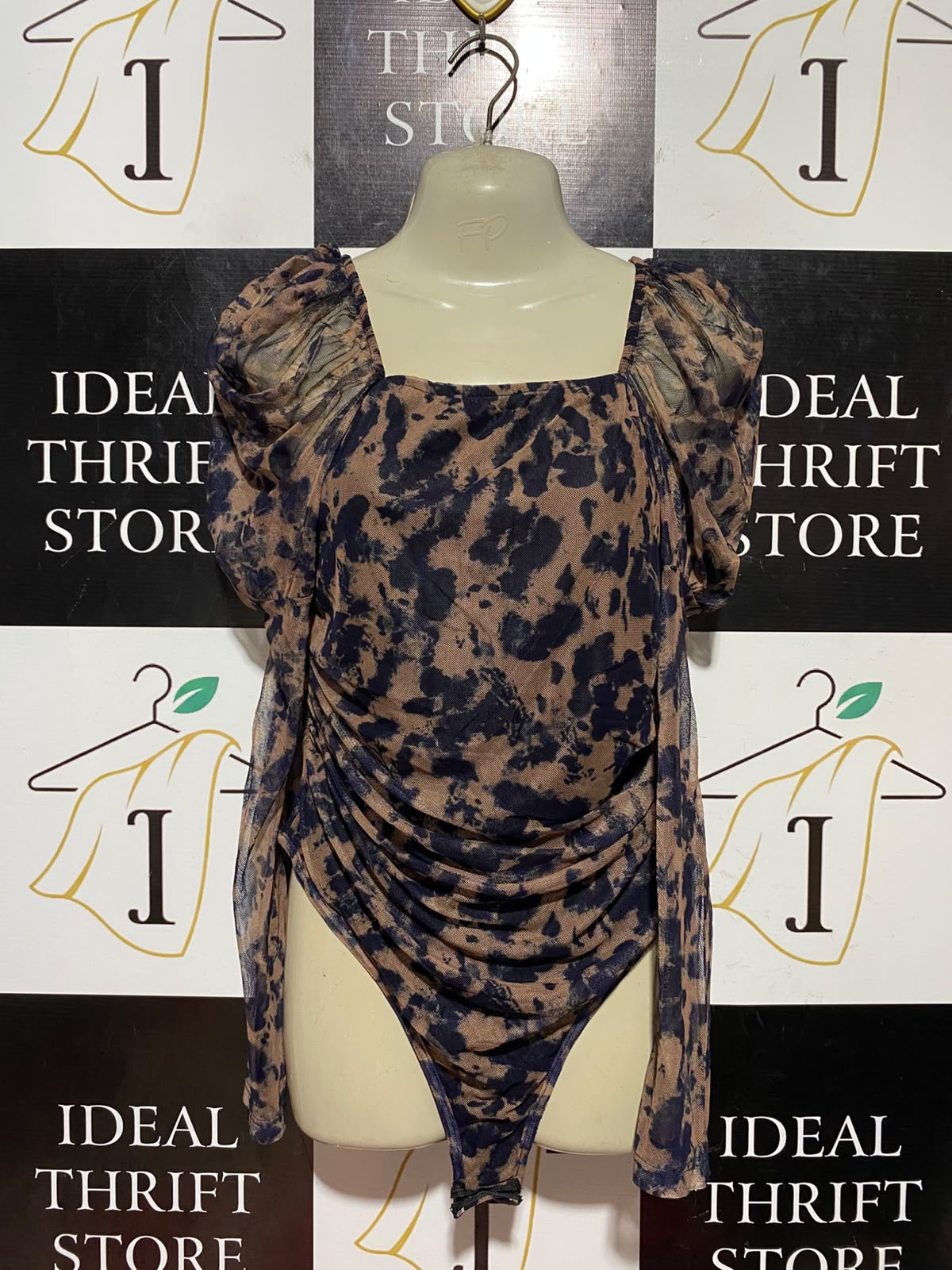 REBELLIOUS |S| BUST 16| B45| BROWN AND BLACK TIE-DYE PUFF SLEEVE RUCHED BODYSUIT