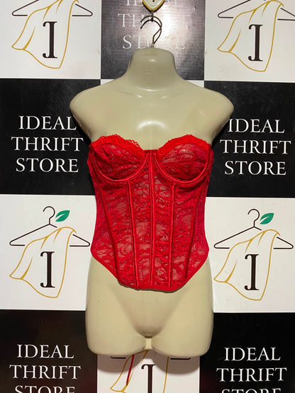 PRETTYLITTLE THING |S| BUST 14| B45| VIBRANT RED SHEER LACE STRAPLESS CORSET TOP