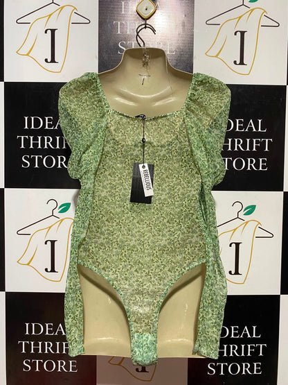 REBELLIOUS |S| BUST 15| B45| GREEN FLORAL PRINT PUFF SLEEVE RUCHED BODYSUIT