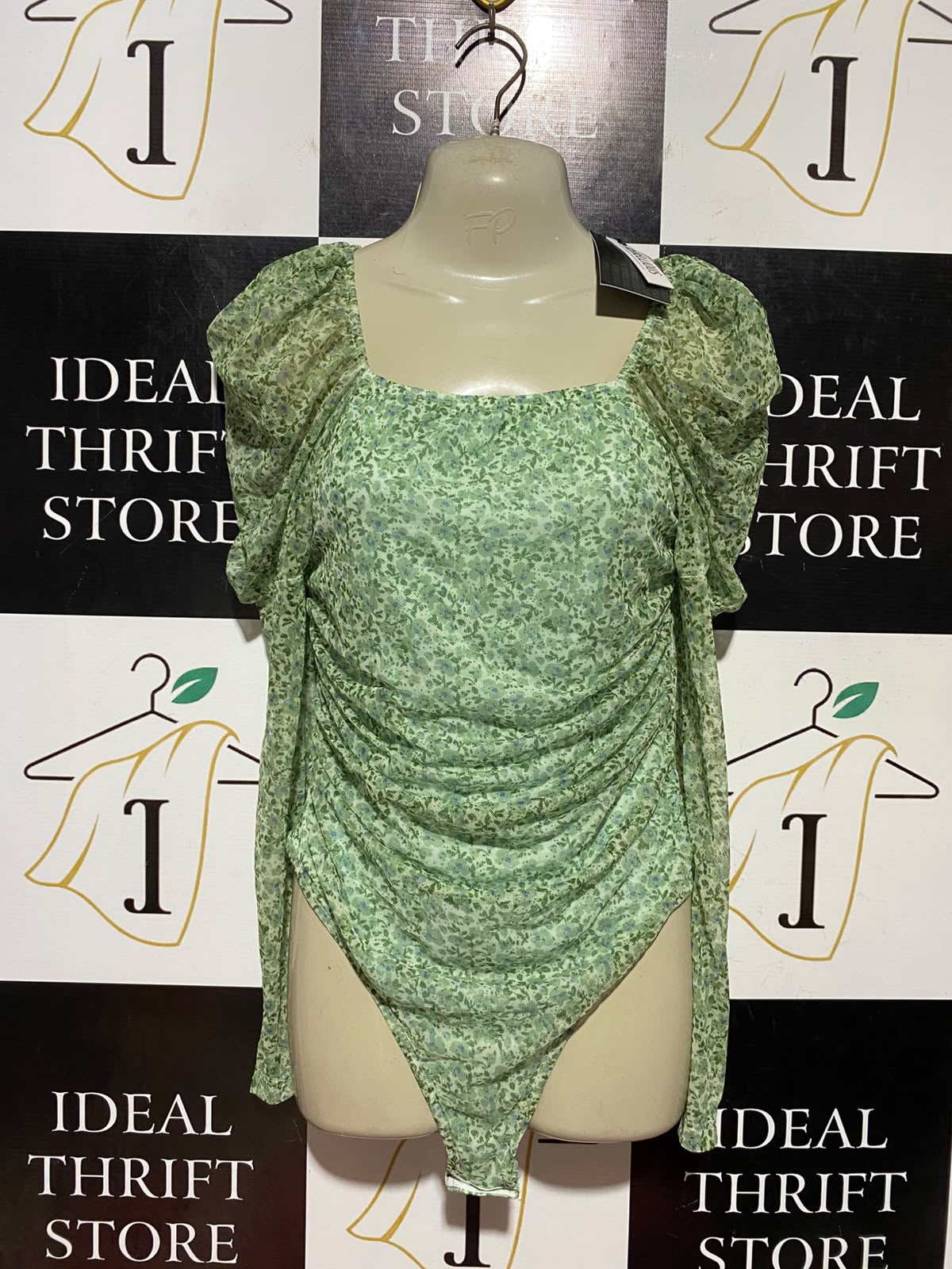 REBELLIOUS |S| BUST 15| B45| GREEN FLORAL PRINT PUFF SLEEVE RUCHED BODYSUIT