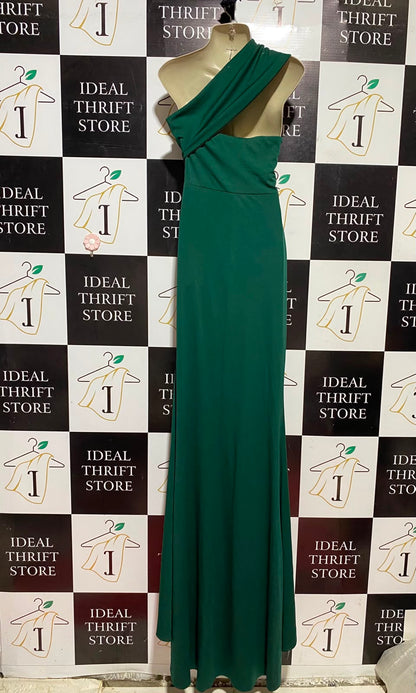 |M| BUST 18| B45| EMERALD GREEN ONE-SHOULDER ASYMMETRIC MAXI GOWN WITH THIGH SLIT