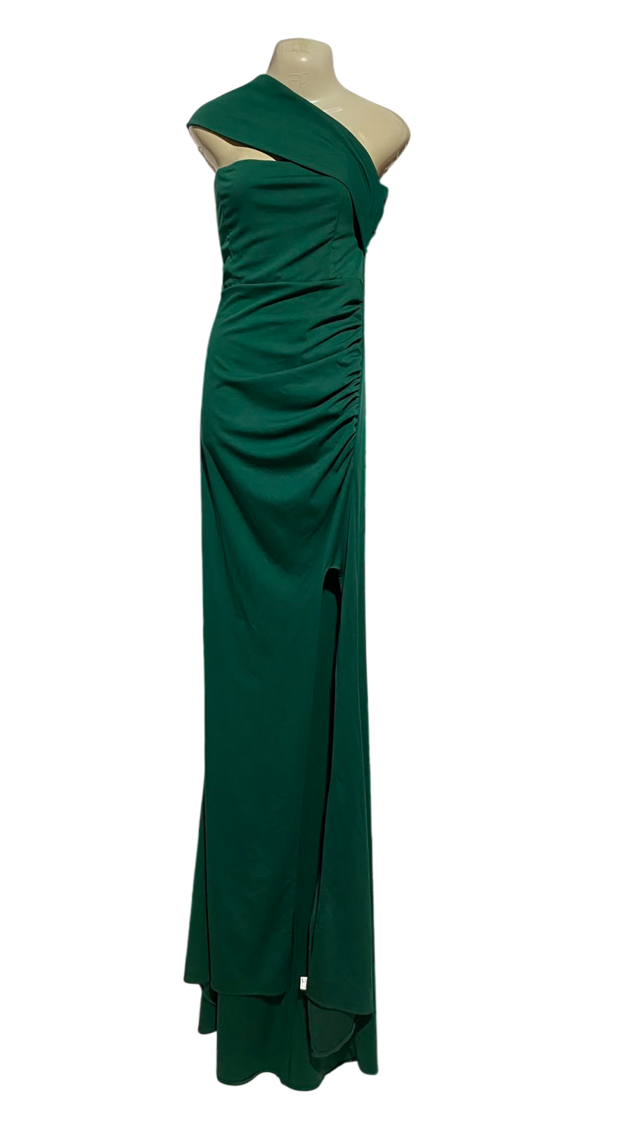 |M| BUST 18| B45| EMERALD GREEN ONE-SHOULDER ASYMMETRIC MAXI GOWN WITH THIGH SLIT