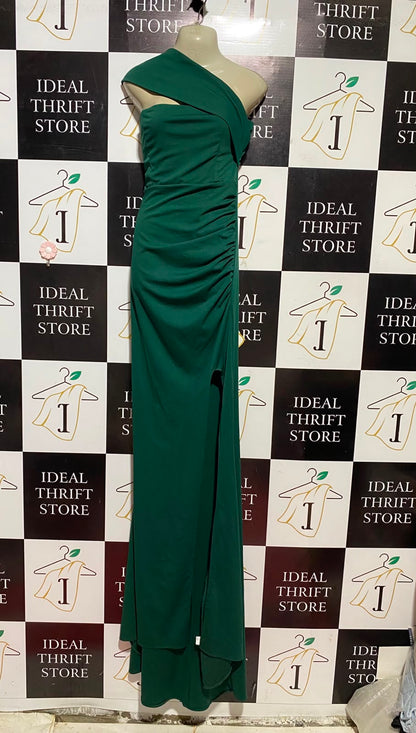 |M| BUST 18| B45| EMERALD GREEN ONE-SHOULDER ASYMMETRIC MAXI GOWN WITH THIGH SLIT