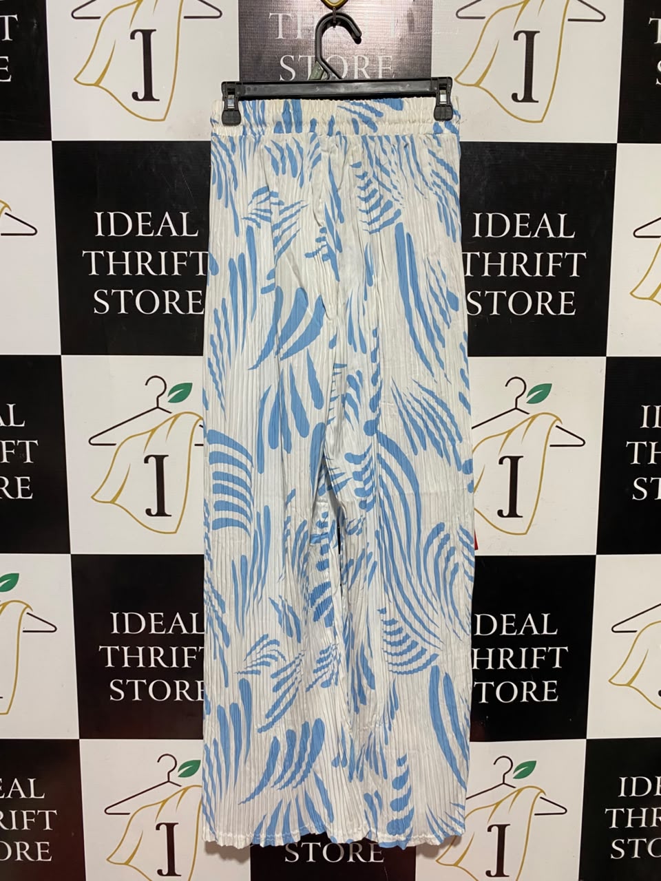 FASHION |XS| WAIST 25| B45| BLUE AND WHITE ABSTRACT WAVE PRINT PLEATED WIDE-LEG PANTS