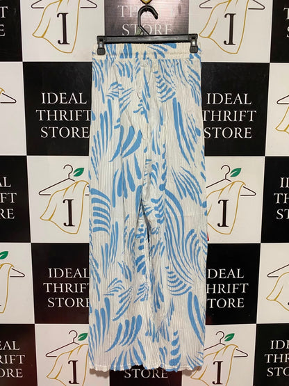 FASHION |XS| WAIST 25| B45| BLUE AND WHITE ABSTRACT WAVE PRINT PLEATED WIDE-LEG PANTS