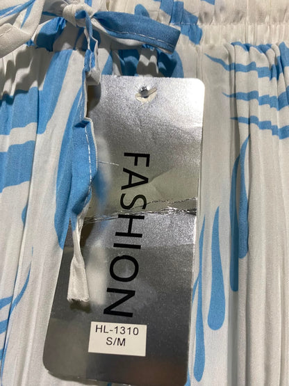 FASHION |XS| WAIST 25| B45| BLUE AND WHITE ABSTRACT WAVE PRINT PLEATED WIDE-LEG PANTS