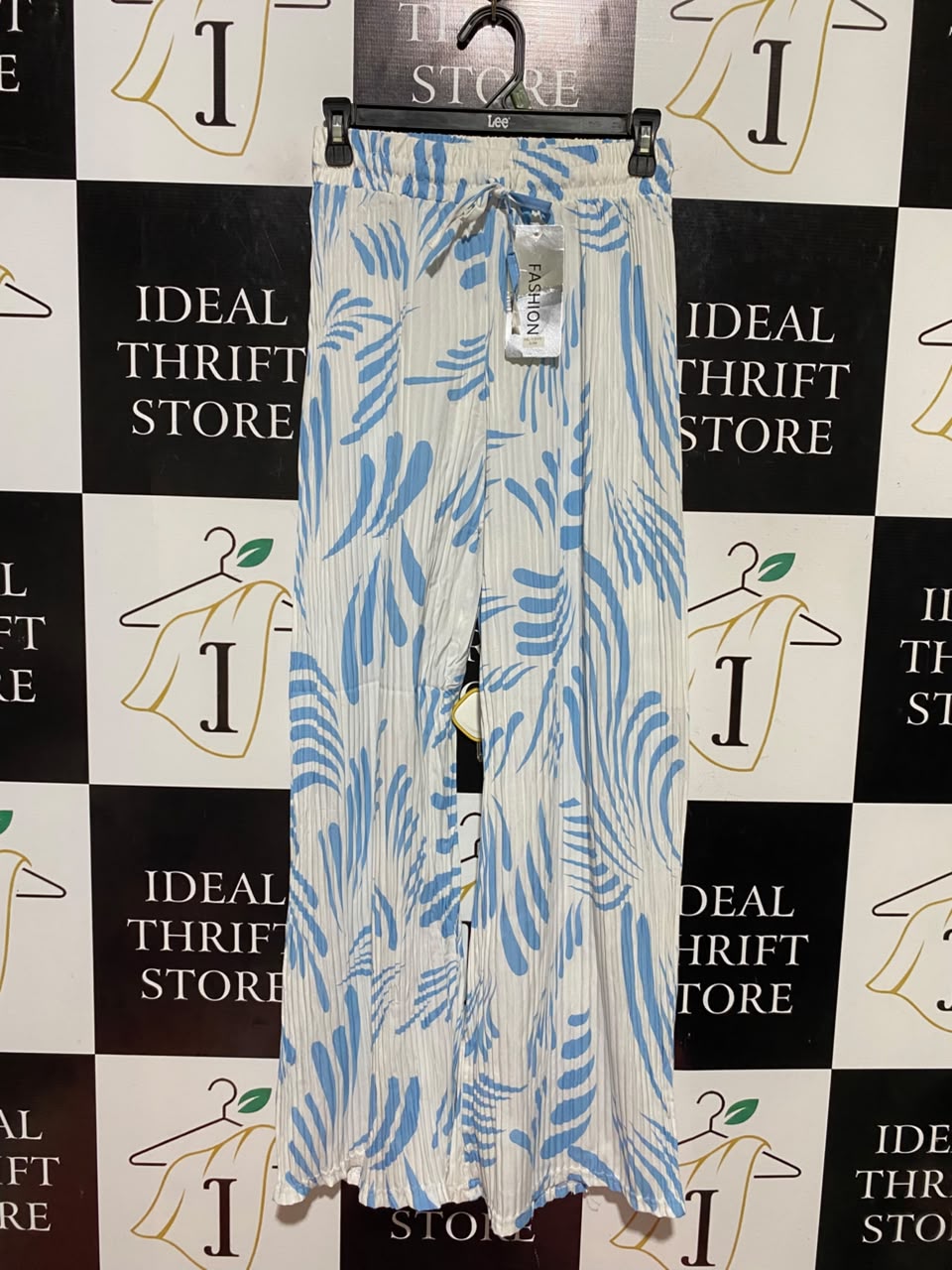 FASHION |XS| WAIST 25| B45| BLUE AND WHITE ABSTRACT WAVE PRINT PLEATED WIDE-LEG PANTS