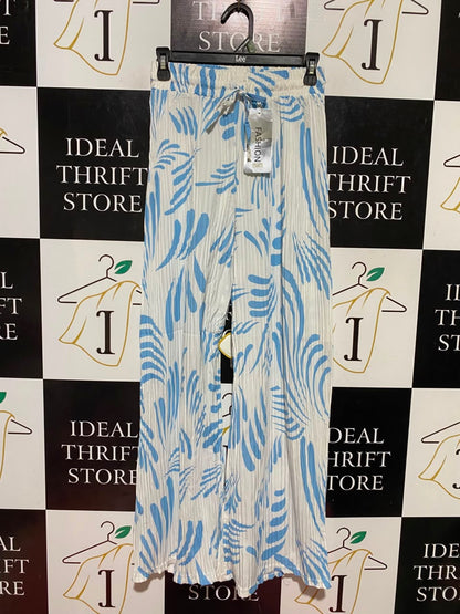 FASHION |XS| WAIST 25| B45| BLUE AND WHITE ABSTRACT WAVE PRINT PLEATED WIDE-LEG PANTS