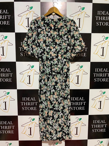 SAVEL |M| BUST 18| B45| FLORAL PRINT V-NECK MIDI DRESS WITH PUFF SLEEVES