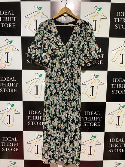 SAVEL |M| BUST 18| B45| FLORAL PRINT V-NECK MIDI DRESS WITH PUFF SLEEVES