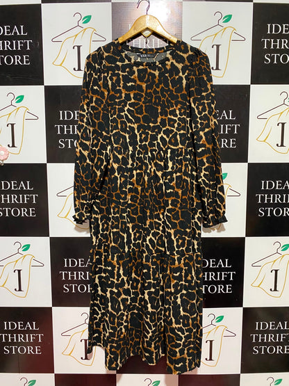 YOURS |M| BUST 18| B45| LEOPARD PRINT TIERED LONG-SLEEVE MIDI DRESS