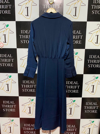 ZARA |S| BUST 17| B45| NAVY BLUE SATIN WRAP-FRONT MIDI DRESS