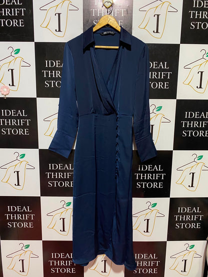 ZARA |S| BUST 17| B45| NAVY BLUE SATIN WRAP-FRONT MIDI DRESS