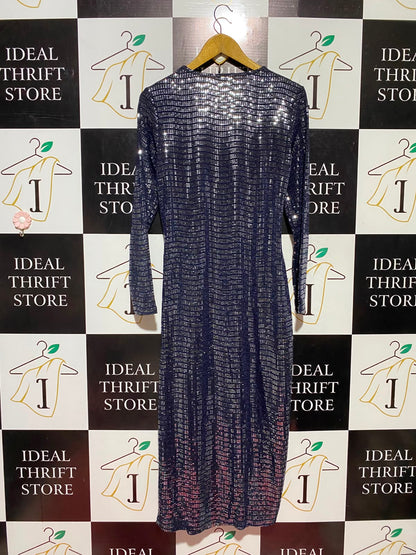 WALIIS |M| BUST 18| B45| METALLIC SHIMMER WRAP-FRONT MIDI DRESS