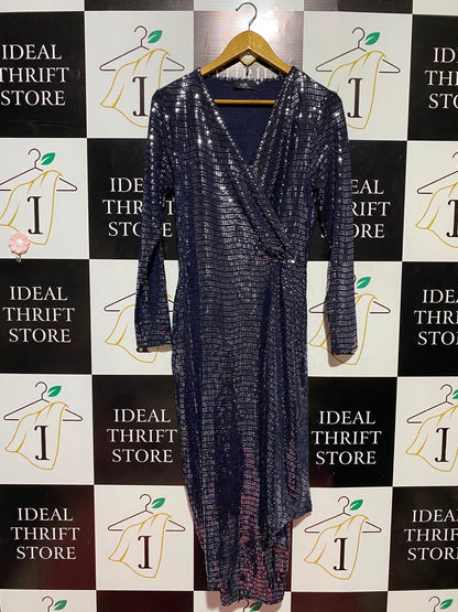 WALIIS |M| BUST 18| B45| METALLIC SHIMMER WRAP-FRONT MIDI DRESS