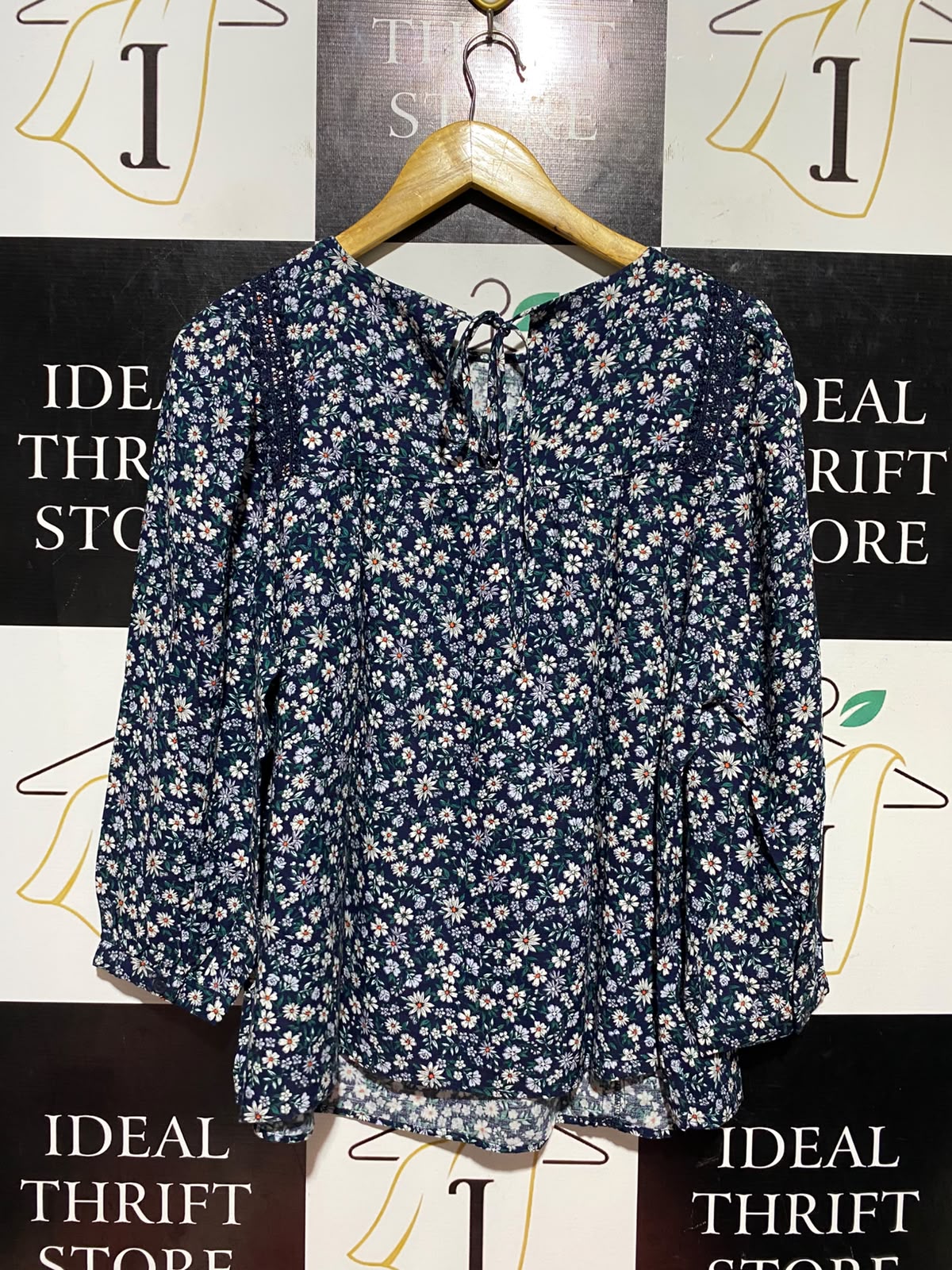 M&S |L| BUST 21| B45| NAVY DITSY FLORAL LACE-TRIM BLOUSE