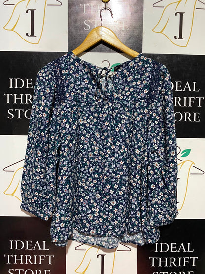 M&S |L| BUST 21| B45| NAVY DITSY FLORAL LACE-TRIM BLOUSE