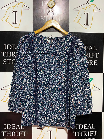 M&S |L| BUST 21| B45| NAVY DITSY FLORAL LACE-TRIM BLOUSE