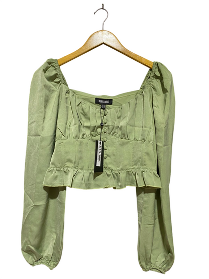REBELLIOUS |S| BUST 16| B46| SAGE GREEN SATIN MILKMAID LONG SLEEVE CROP TOP