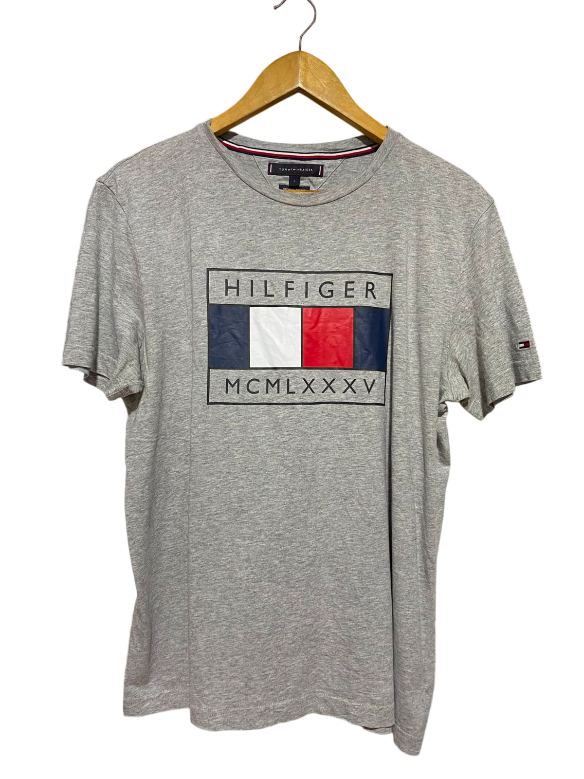TOMMY HILFIGER |L| BUST 21| B46| GREY MARL CENTER BOX LOGO GRAPHIC T-SHIRT