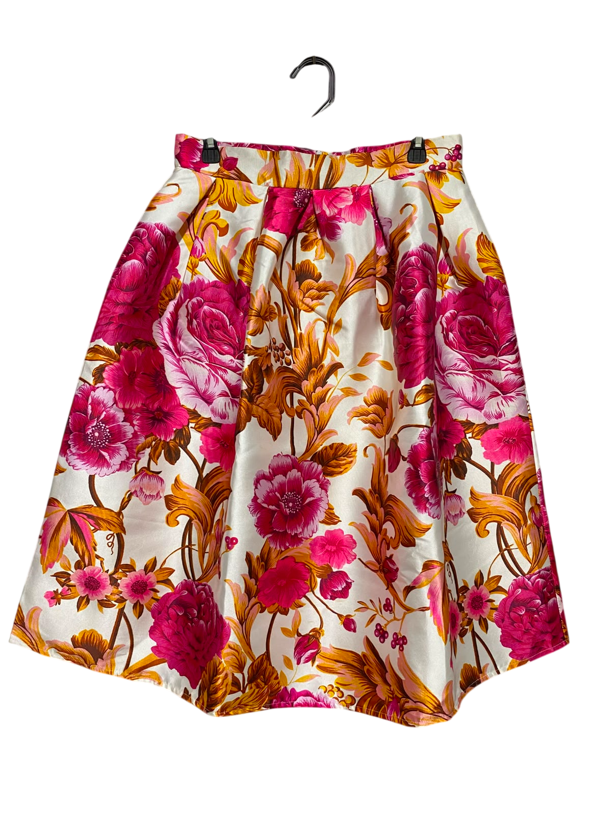 |L| WAIST 30 | B46| VIBRANT PINK AND GOLD FLORAL BOX PLEAT SATIN MIDI A-LINE SKIRT