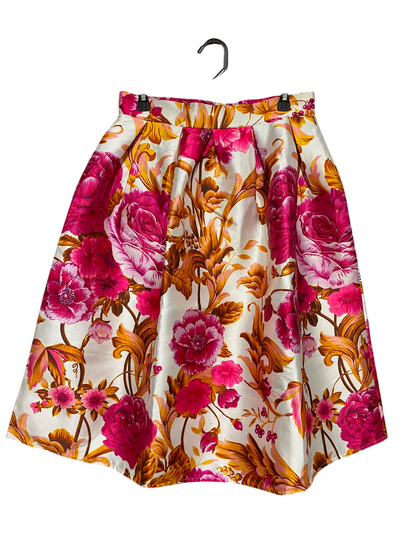 |L| WAIST 30 | B46| VIBRANT PINK AND GOLD FLORAL BOX PLEAT SATIN MIDI A-LINE SKIRT