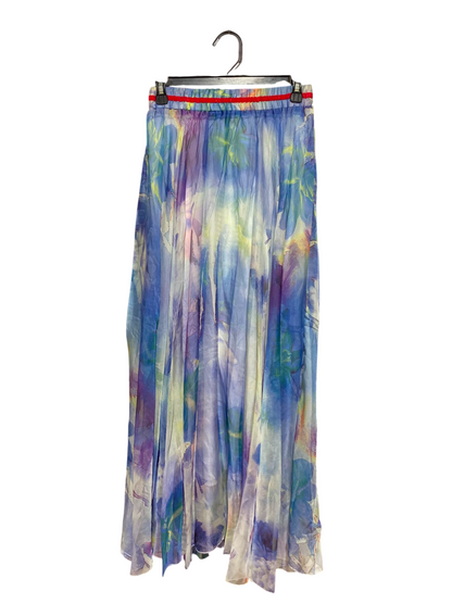 |S| WAIST 25| B46| MULTICOLOR WATERCOLOR ABSTRACT FLORAL SHEER MAXI SKIRT WITH STRIPED WAISTBAND