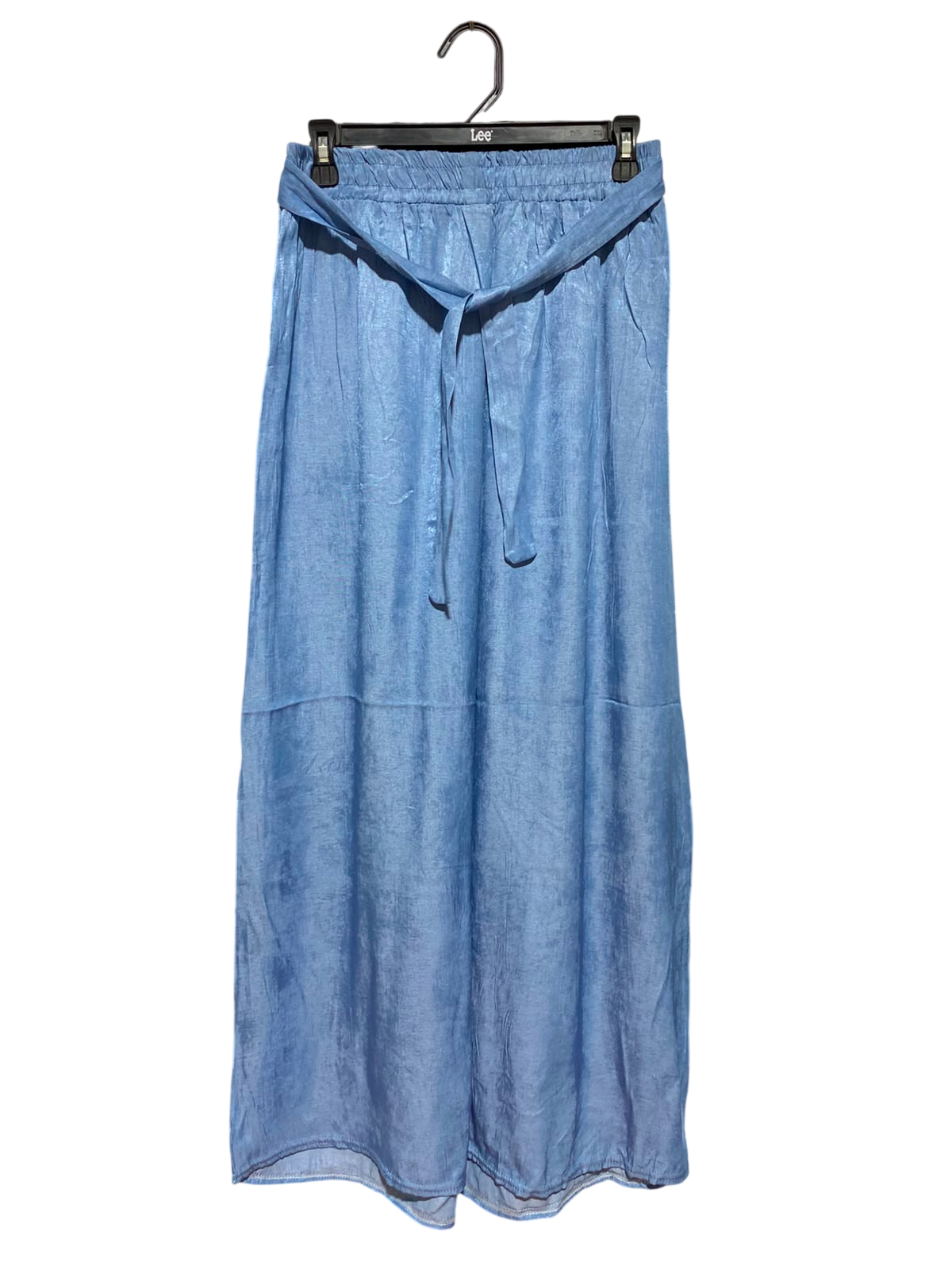 FASHION |M| WIAST 27| B46| LIGHT BLUE SHIMMER SATIN ELASTIC WAIST WIDE LEG TROUSERS PANTS WITH BELT