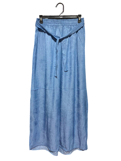 FASHION |M| WIAST 27| B46| LIGHT BLUE SHIMMER SATIN ELASTIC WAIST WIDE LEG TROUSERS PANTS WITH BELT