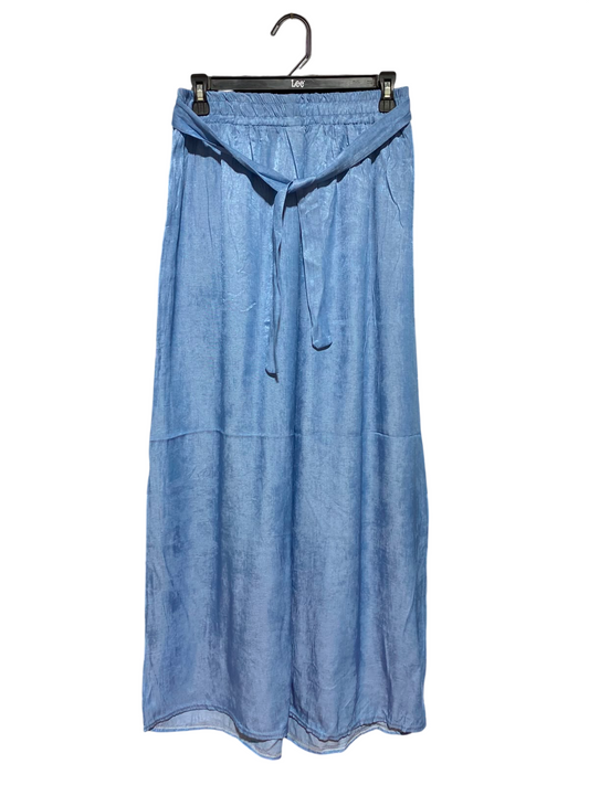 FASHION |M| WIAST 27| B46| LIGHT BLUE SHIMMER SATIN ELASTIC WAIST WIDE LEG TROUSERS PANTS WITH BELT