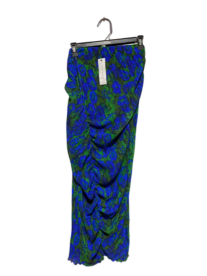 TOP SHOP |XS| WAIST 24| B46| BLUE AND GREEN FLORAL ABSTRACT PLISSE RUCHED MIDI SKIRT