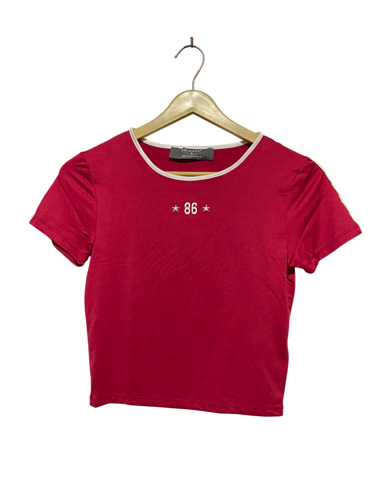 PRIMARK |S| BUST 14| B46| RINGER T-SHIRT DARK RED GRAPHIC BABY TEE NUMBER 86 CROP TOP