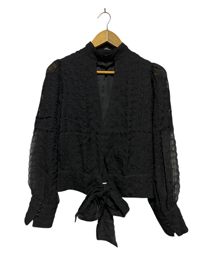 H&M |L| BUST 19| B46| BLACK TEXTURED BLOUSE LONG SLEEVE HIGH MOCK NECK DEEP V CUTOUT TIE FRONT CROP TOP