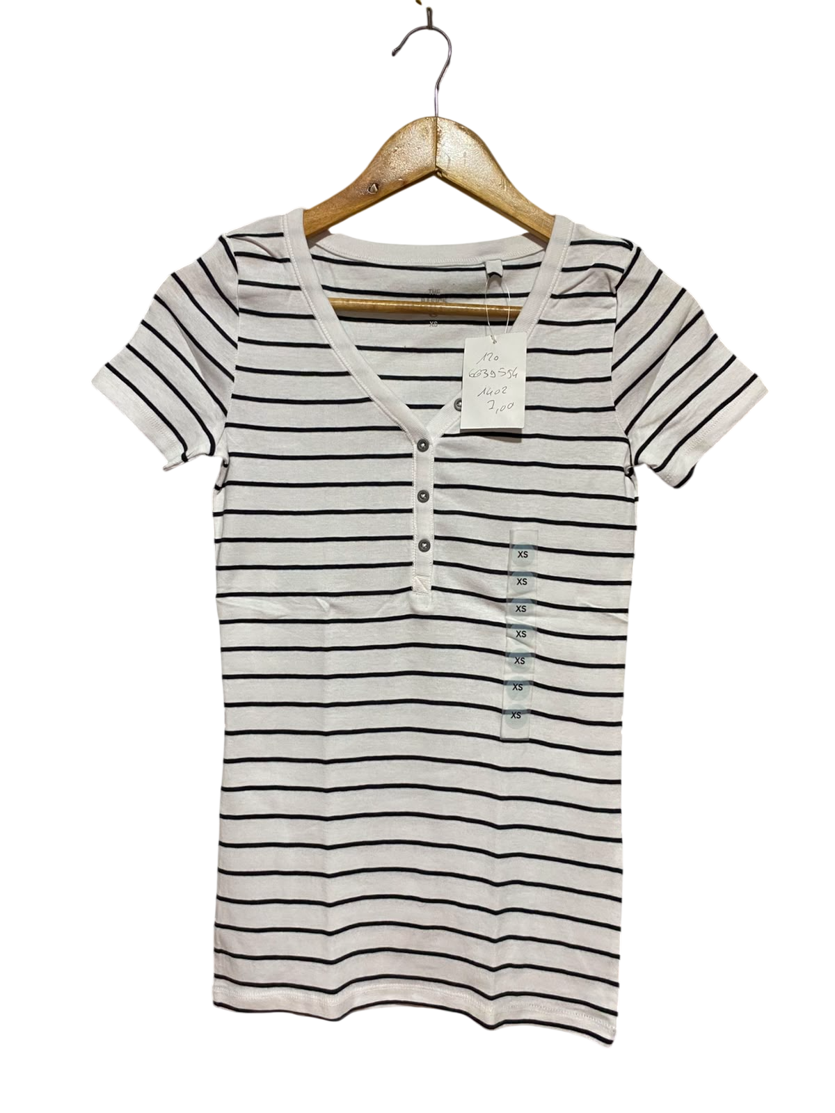 THE BASICS |XS| BUST 14| B46| STRIPED HENLEY T-SHIRT WHITE WITH BLACK STRIPES SHORT SLEEVE