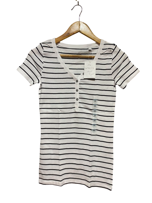 THE BASICS |XS| BUST 14| B46| STRIPED HENLEY T-SHIRT WHITE WITH BLACK STRIPES SHORT SLEEVE