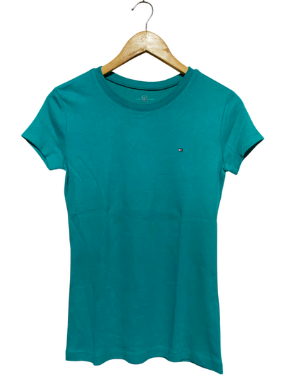 TOMMY HILFIGER |S| BUST 15| B46| TEAL GREEN CASUAL T-SHIRT - EMBROIDERED FLAG LOGO SHORT SLEEVE CREW NECK TEE