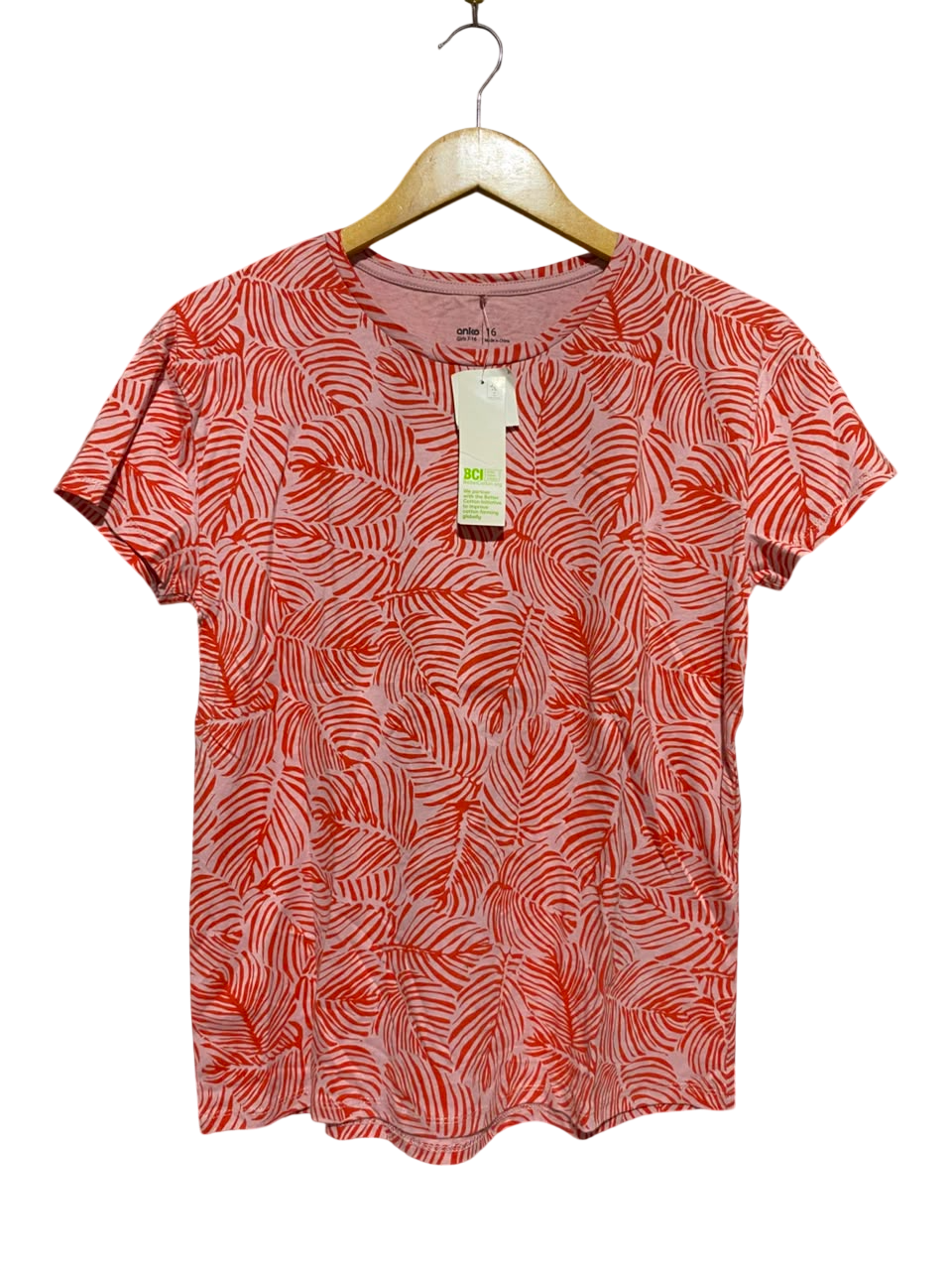 ANKO |M| BUST 18| B46| GIRLS' TROPIAL LEAF PRINT T-SHIRT - PINK & RED PALM LEAF SHORT SLEEVE TEE