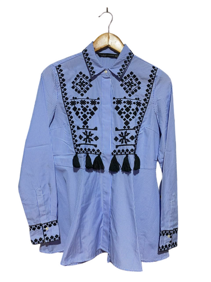 ZARA WOMEN |XS| BUST 27| B46| WOMAN LIGHT BLUE STRIPED EMBROIDERED SHIRT