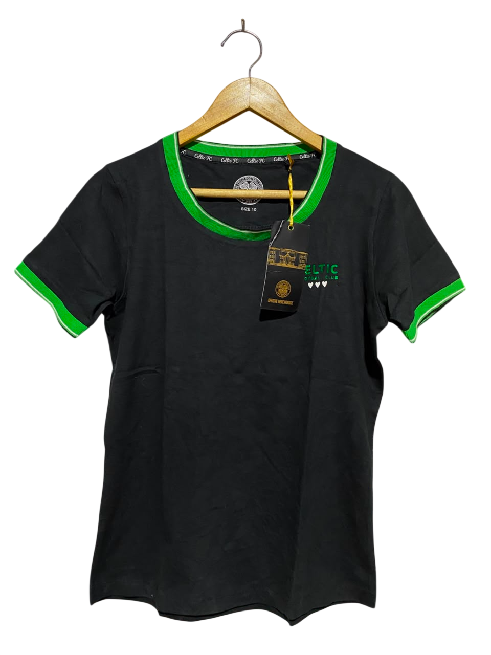 THE CELTIC |M| BUST 18| B46| BLACK & GREEN CASUAL RINGER TEE WITH EMBROIDERED HEART DETAILS