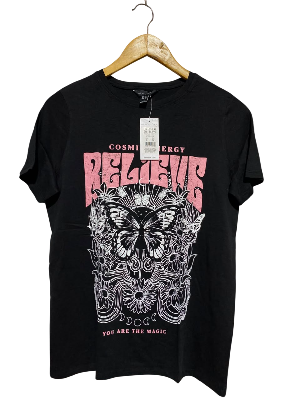 NEW LOOK |M| BUST 18| B46| BLACK 'BELIEVE' COSMIC ENERGY BUTTERFLY SHORT SLEEVE TEE