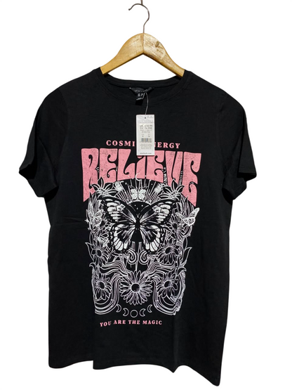 NEW LOOK |M| BUST 18| B46| BLACK 'BELIEVE' COSMIC ENERGY BUTTERFLY SHORT SLEEVE TEE