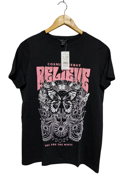 NEW LOOK |M| BUST 18| B46| BLACK 'BELIEVE' COSMIC ENERGY BUTTERFLY SHORT SLEEVE TEE