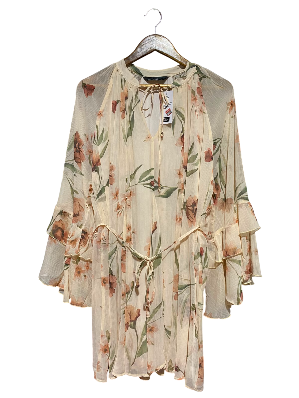 F&F |M| BUST 20| B47| WOMEN'S CREAM FLORAL CHAFON BELL SLEEVE MINI SHIRTDRESS TUNlC