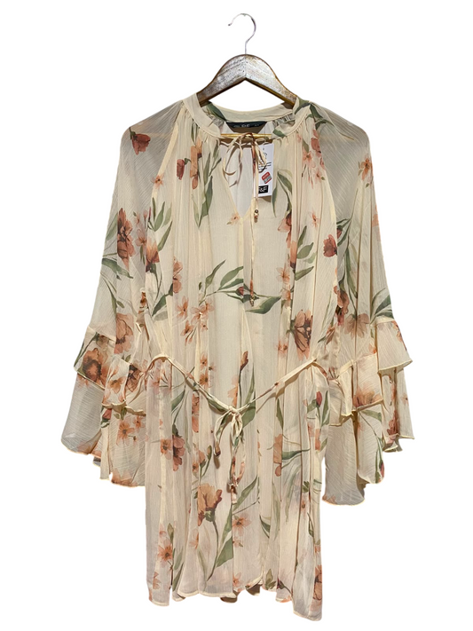 F&F |M| BUST 20| B47| WOMEN'S CREAM FLORAL CHAFON BELL SLEEVE MINI SHIRTDRESS TUNlC